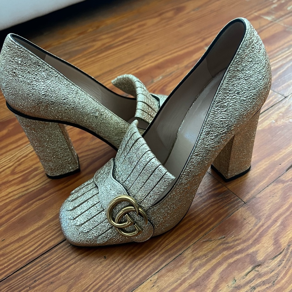Gold Gucci Marmont Fringe Heel